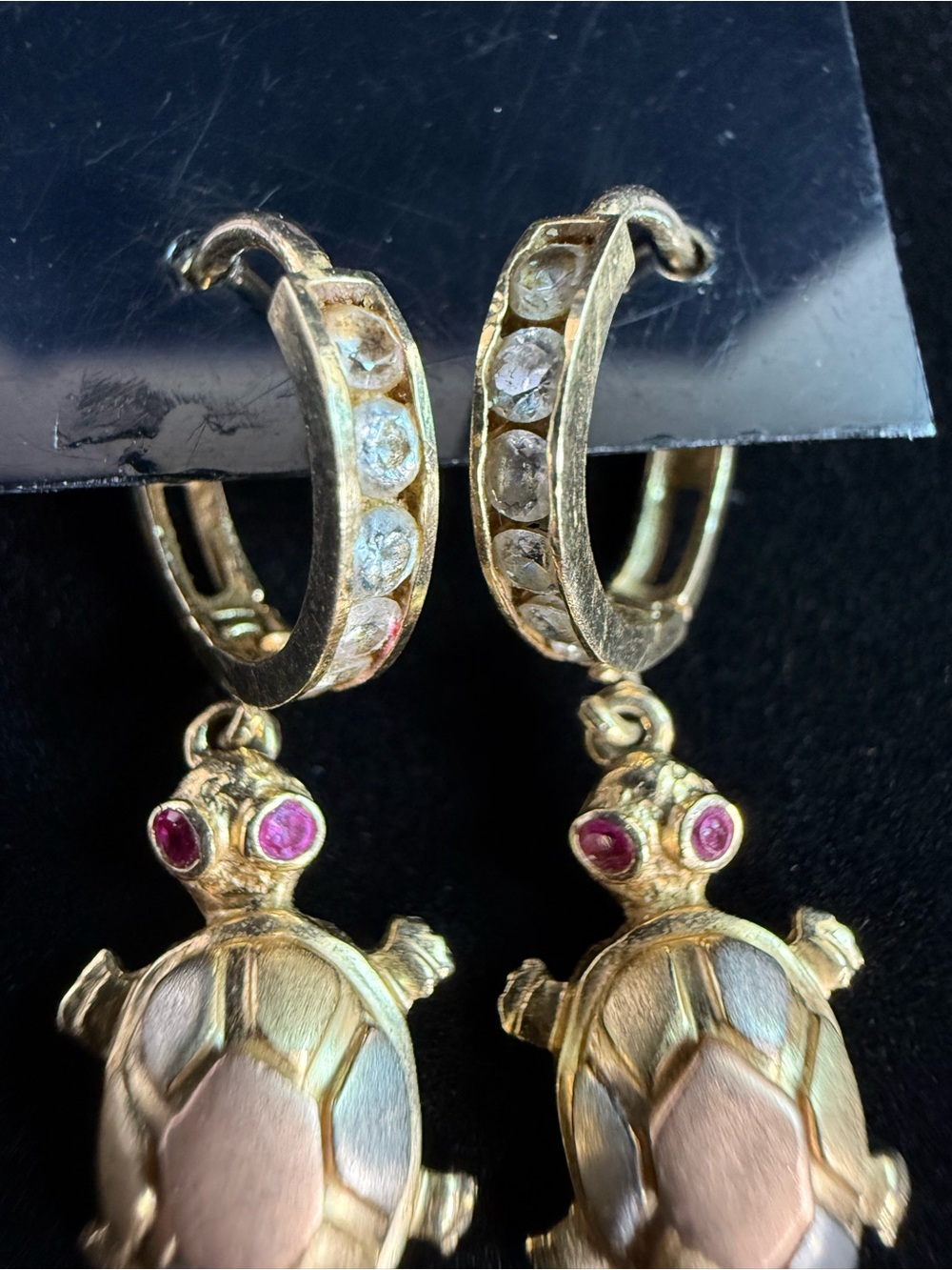 14K Tri Color Gold CZ Turtle Drop Dangle Huggies Hoop Earrings 3.7 Grams - Picture 3 of 16